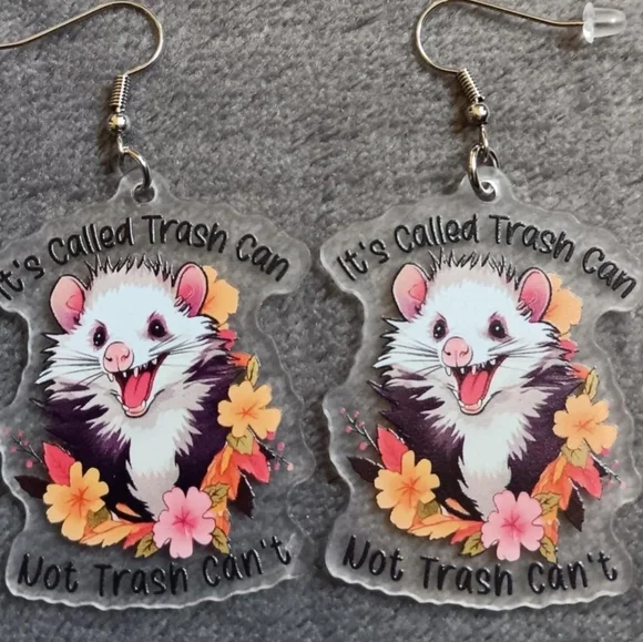 Trashy Opossum Acrylic Earrings, Hook Dangle New, Funny Wildlife Spring Summer - Picture 1 of 4